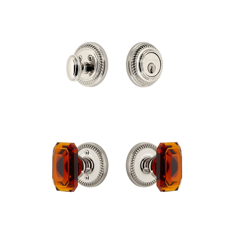 Newport Rosette Entry Set with Baguette Amber Crystal Knob in Polished Nickel