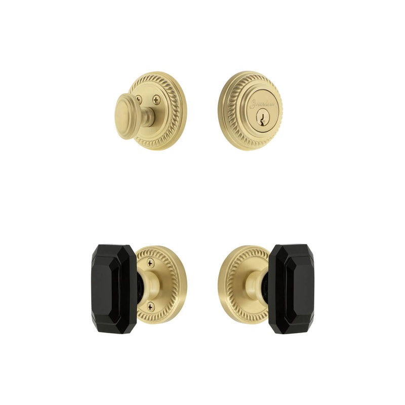 Newport Rosette Entry Set with Baguette Black Crystal Knob in Satin Brass