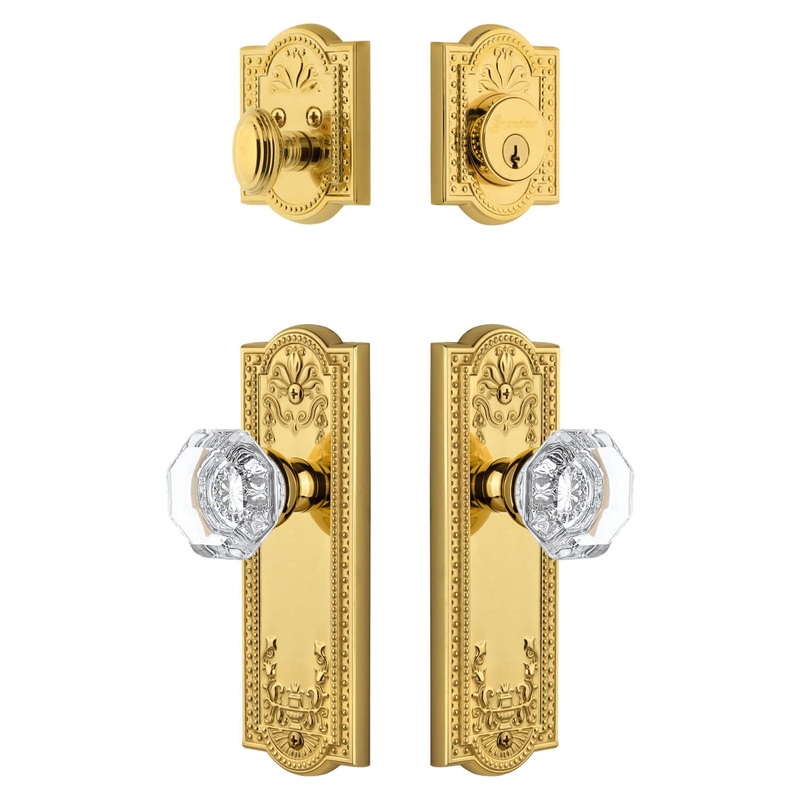 Parthenon Long Plate Entry Set with Chambord Crystal Knob in Lifetime Brass