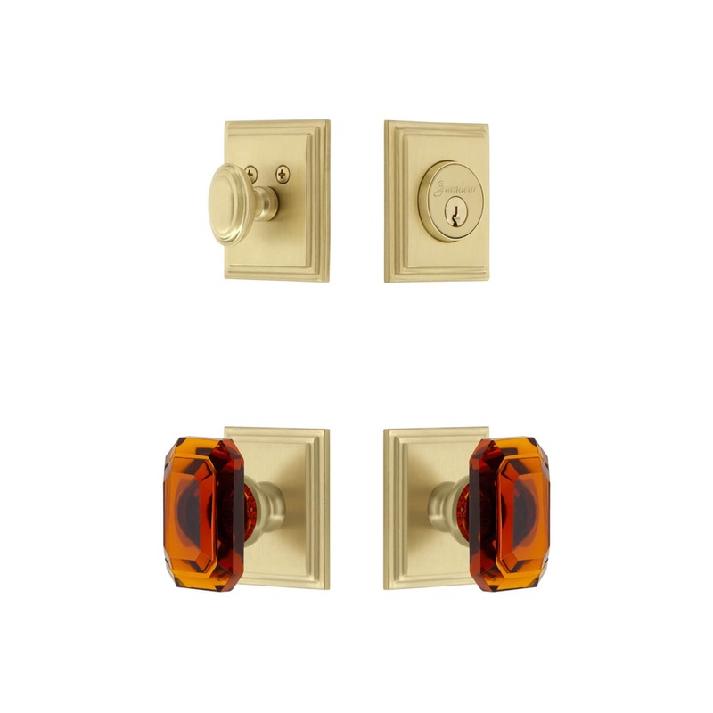 Carre Square Rosette Entry Set with Baguette Amber Crystal Knob in Satin Brass