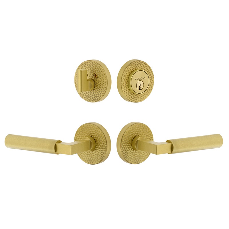 Circolo Hammered Rosette Entry Set with Contempo Lever in Satin Brass