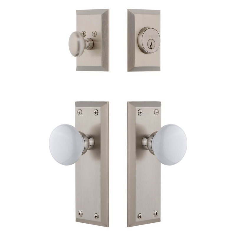 Fifth Avenue Long Plate Entry Set with Hyde Park Knob in Satin Nickel