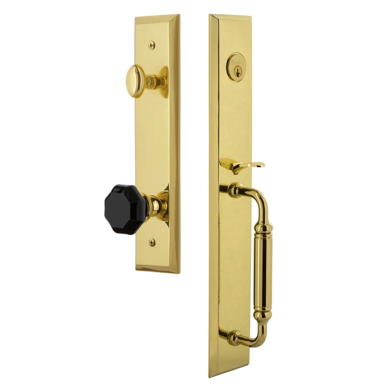 Grandeur Fifth Avenue One-Piece Handleset with C Grip and Lyon Knob in Lifetime Brass