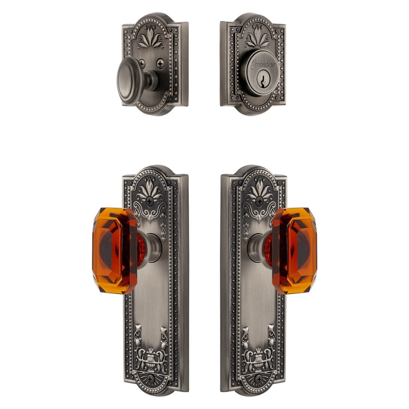 Parthenon Long Plate Entry Set with Baguette Amber Crystal Knob in Antique Pewter