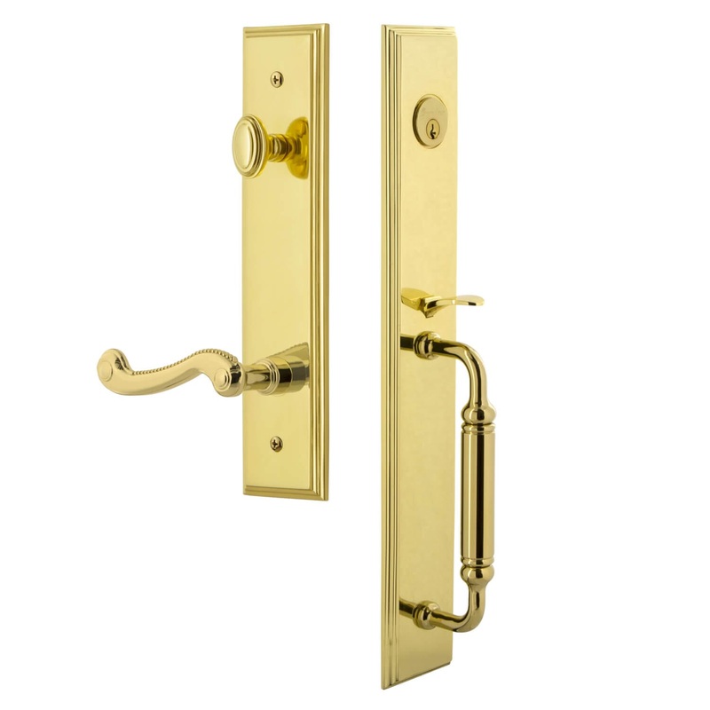 Carr One-Piece Handleset with C Grip and Newport Lever in Lifetime Brass