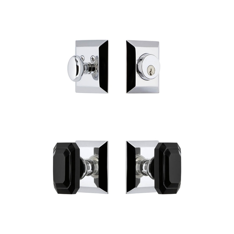 Fifth Avenue Square Rosette Entry Set with Baguette Black Crystal Knob in Bright Chrome