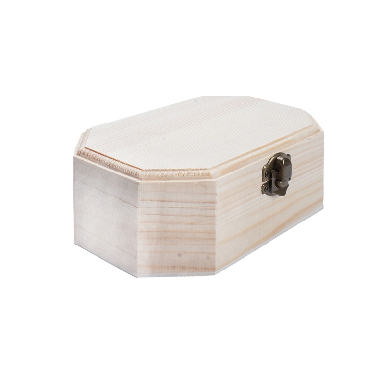 Pinewood Box with Metal Latch Octagonal L6.75 x W4.75 x H3.25 1pc