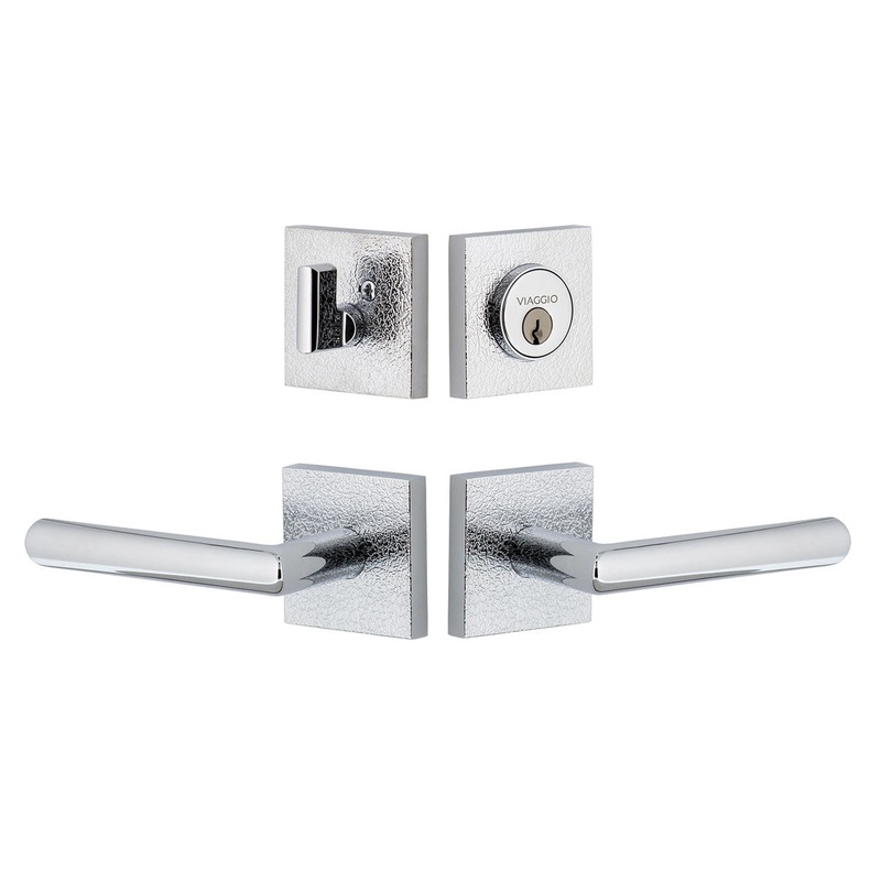 Quadrato Leather Rosette Entry Set with Moderno Lever in Bright Chrome