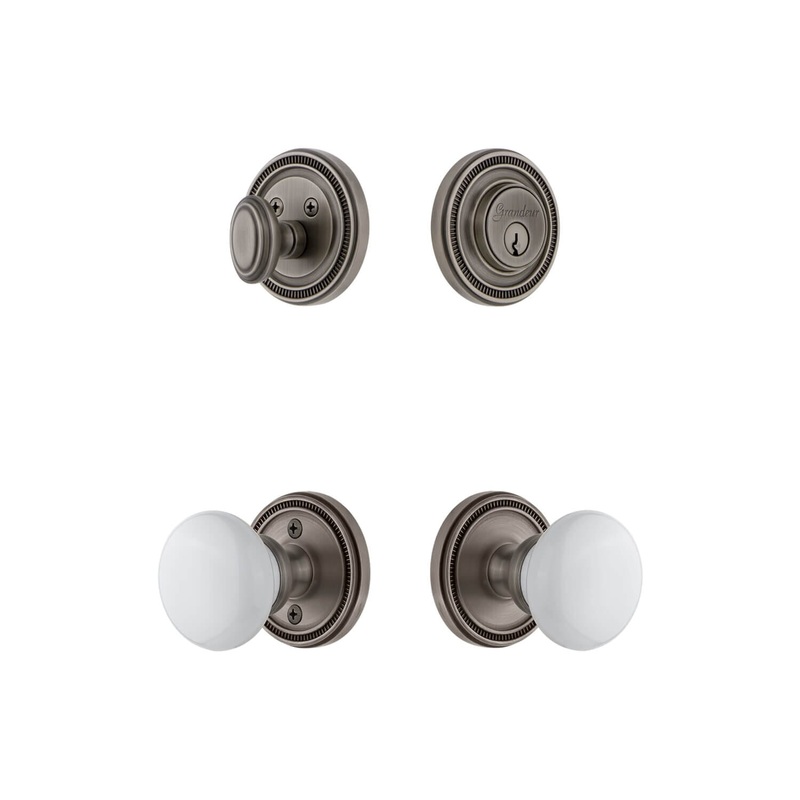 Soleil Rosette Entry Set with Hyde Park Knob in Antique Pewter