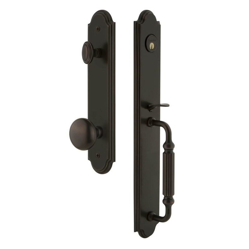 Arc One-Piece Handleset with F Grip and Fifth Avenue Knob in Timeless Bronze