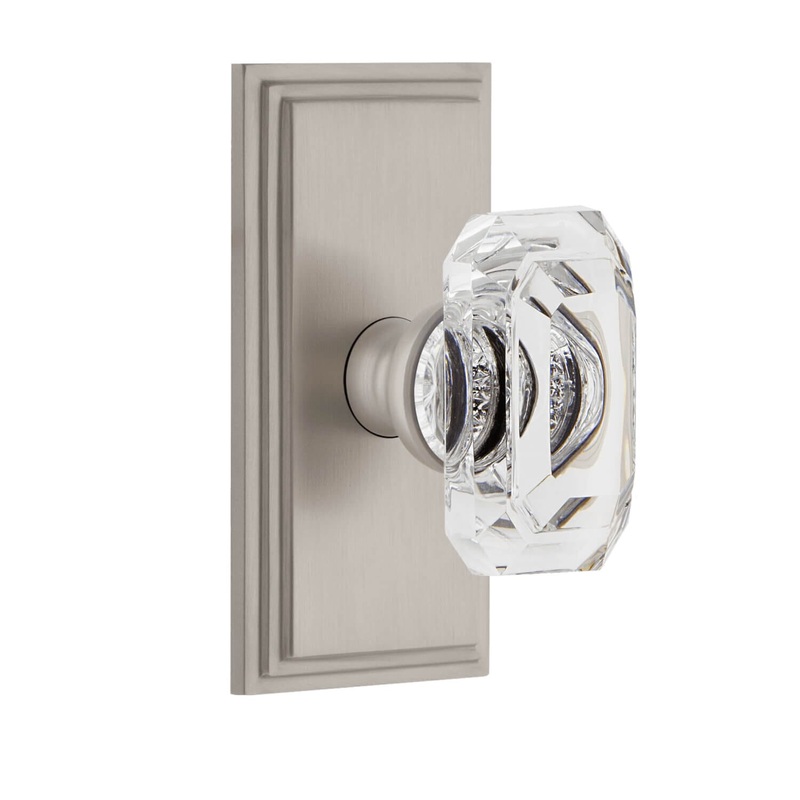 Carr Short Plate with Baguette Clear Crystal Knob in Satin Nickel
