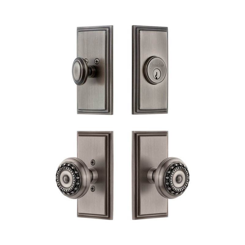 Carre Short Plate Entry Set with Parthenon Knob in Antique Pewter