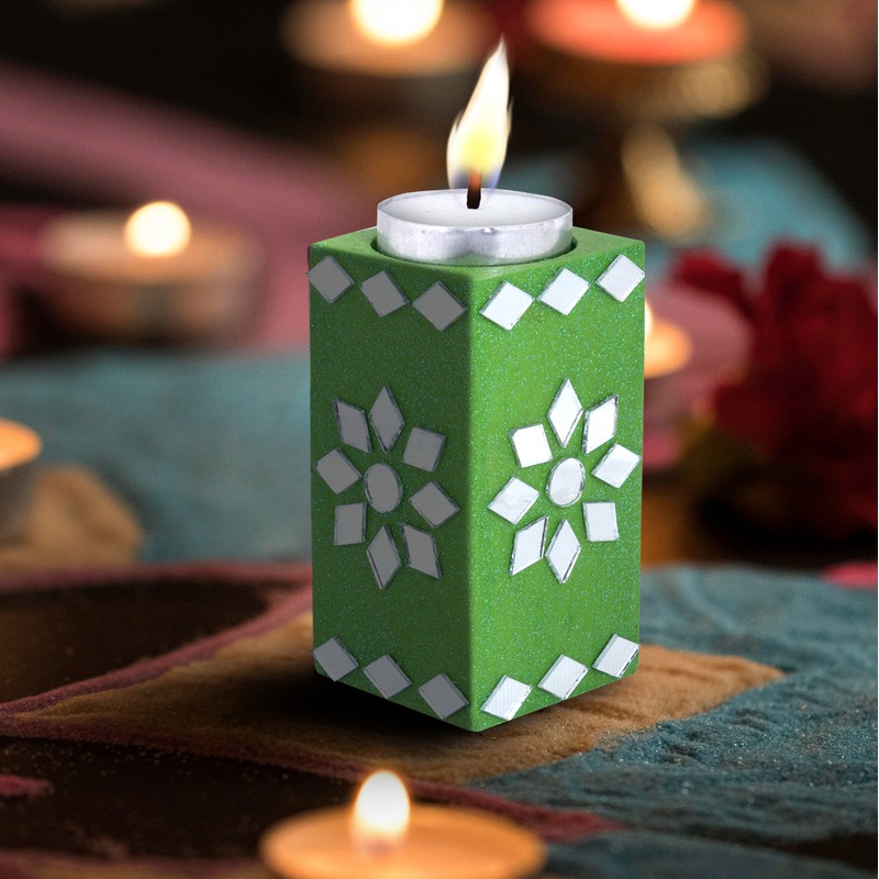Mirror Art Tealight Holder Florista Green 3.5inch 1pc ( Candle Included 1pc)