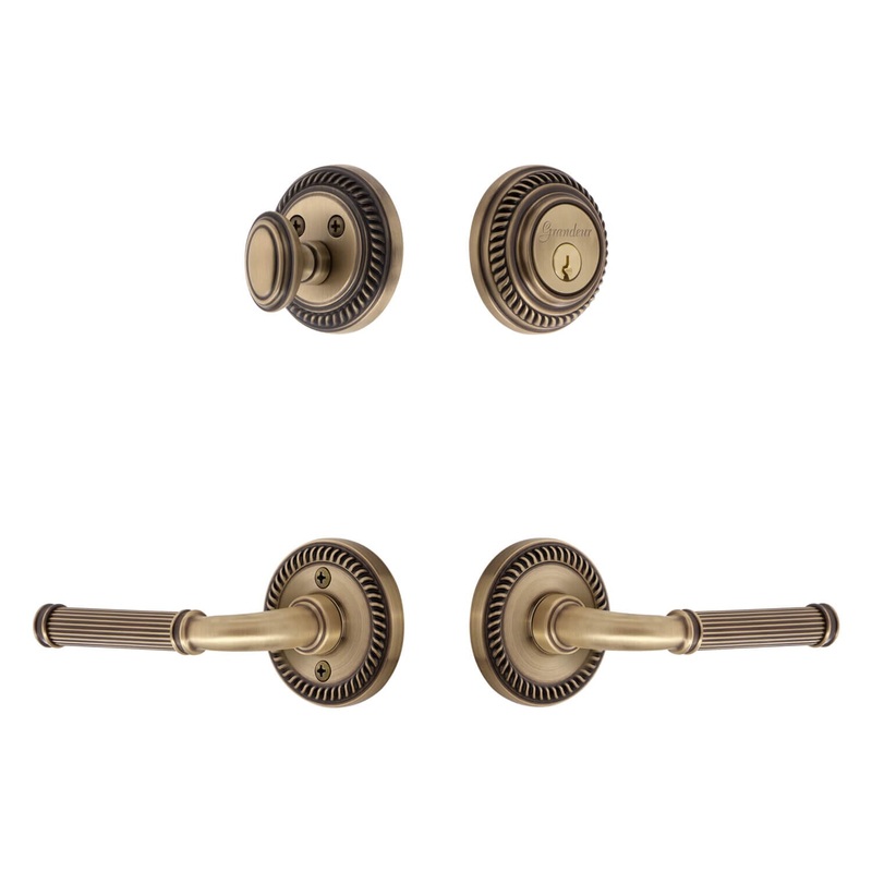 Newport Rosette Entry Set with Soleil Lever in Vintage Brass