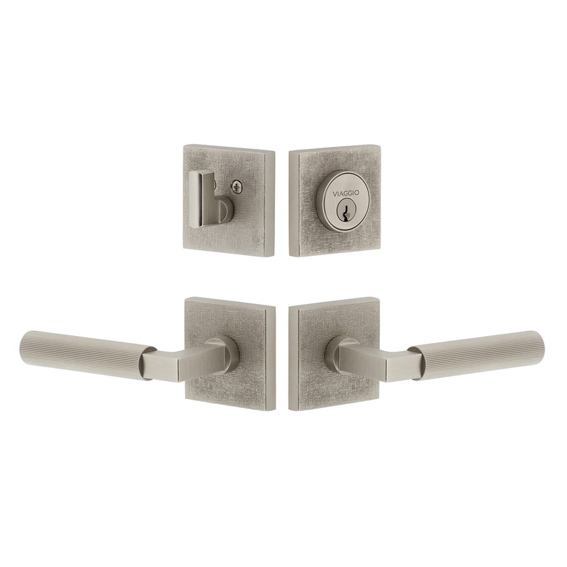 Quadrato Linen Rosette Entry Set with Contempo Fluted Lever  in Satin Nickel