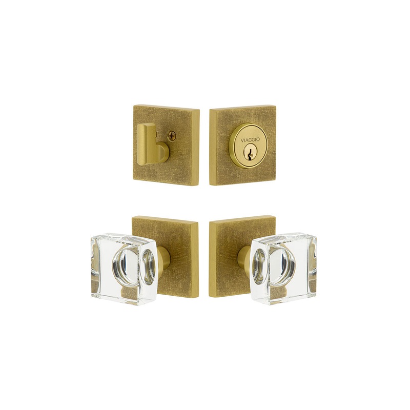 Quadrato Linen Rosette Entry Set with Quadrato Crystal Knob in Satin Brass