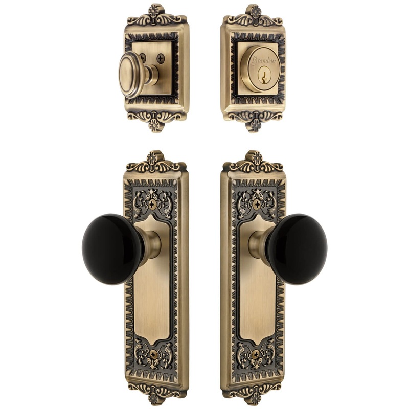 Windsor Long Plate Entry Set with Coventry Knob in Vintage Brass