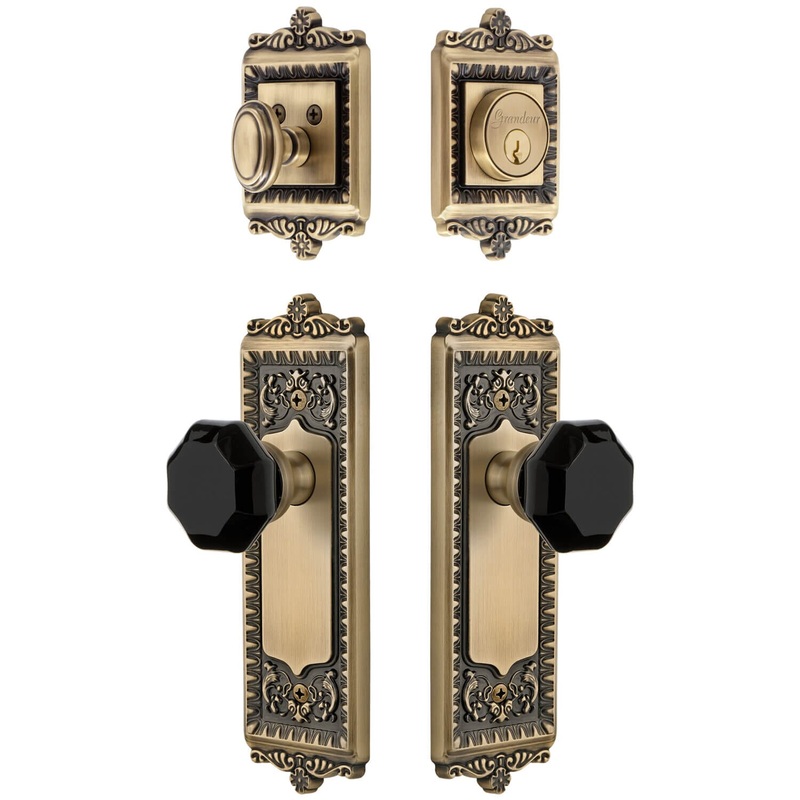 Windsor Long Plate Entry Set with Lyon Knob in Vintage Brass