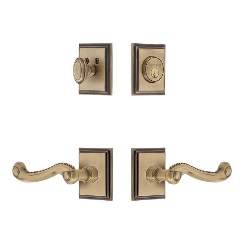 Carre Square Rosette Entry Set with Newport Lever in Vintage Brass