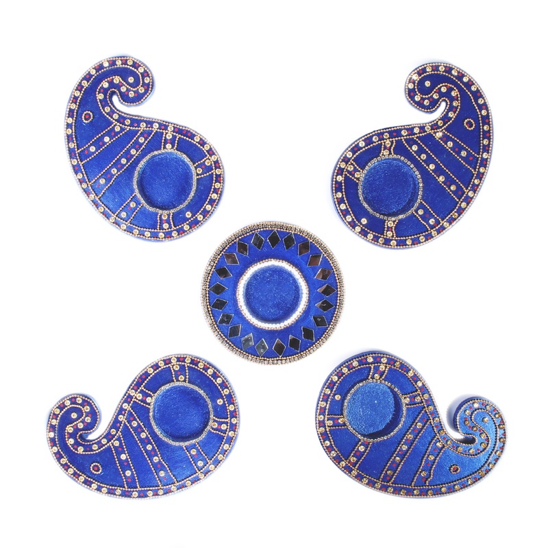 Diwali Decor Combo – Mirror work tealight holder Diamond Delight Blue 4in Dia & tealight holder paisley charm blue (Pack of 5 pc)