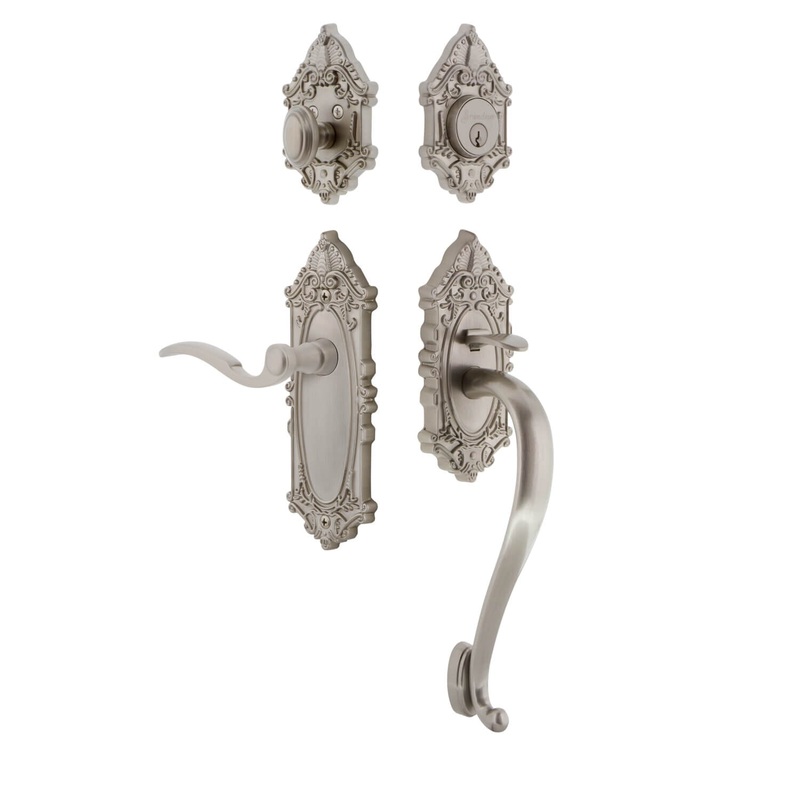 Grande Victorian Plate S Grip Entry Set Bellagio Lever Knob in Satin Nickel