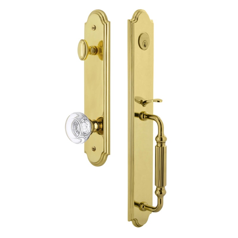Arc One-Piece Handleset with F Grip and Bordeaux Knob in Lifetime Brass