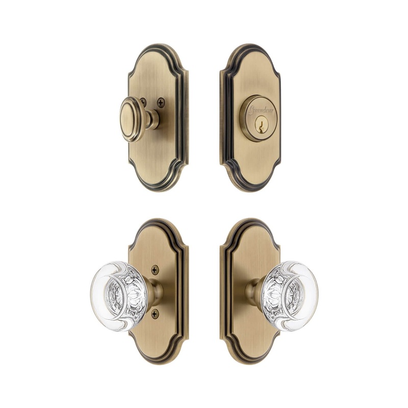 Arc Short Plate Entry Set with Bordeaux Crystal Knob in Vintage Brass