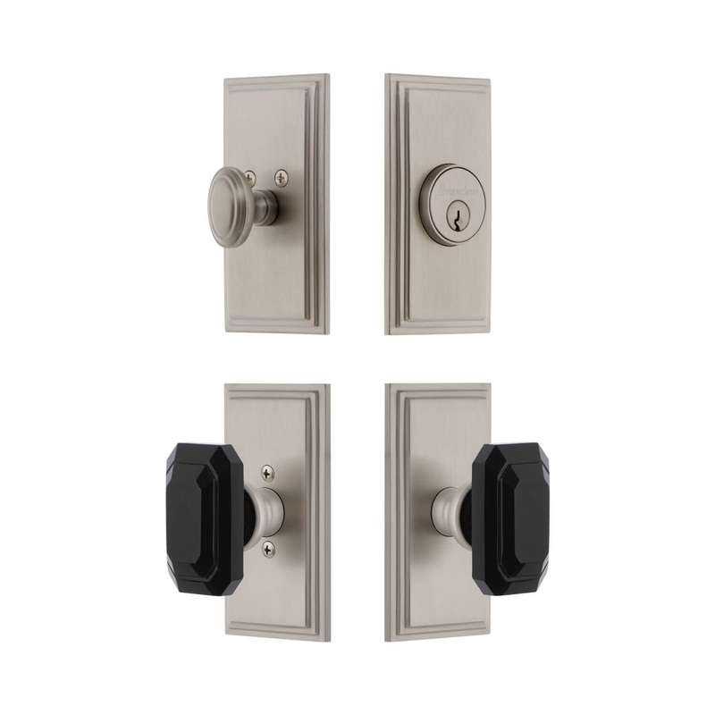 Carre Short Plate Entry Set with Baguette Black Crystal Knob in Satin Nickel