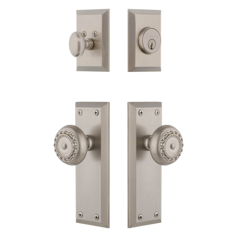 Fifth Avenue Long Plate Entry Set with Parthenon Knob in Satin Nickel