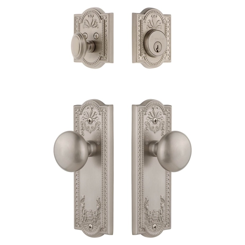 Parthenon Long Plate Entry Set with Fifth Avenue Knob in Satin Nickel