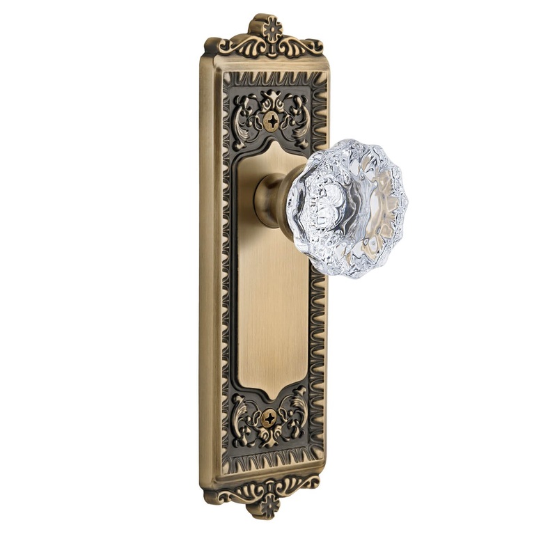 Windsor Long Plate with Fontainebleau Crystal Knob in Vintage Brass