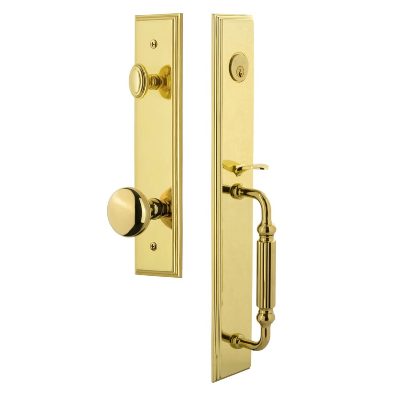 Carr One-Piece Handleset with F Grip and Fifth Avenue Knob in Lifetime Brass