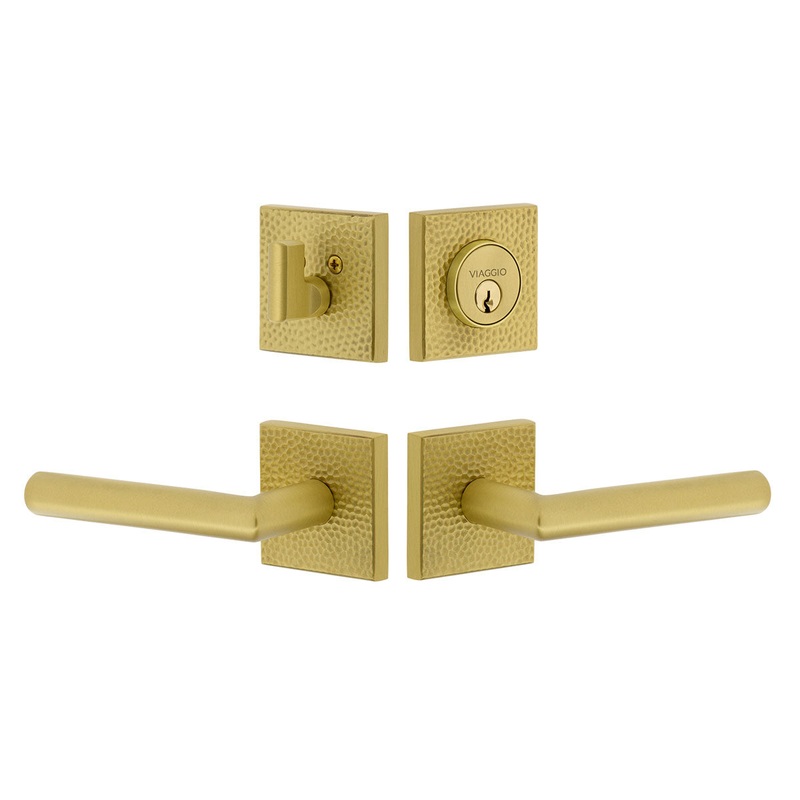 Quadrato Hammered Rosette Entry Set with Moderno Lever in Satin Brass