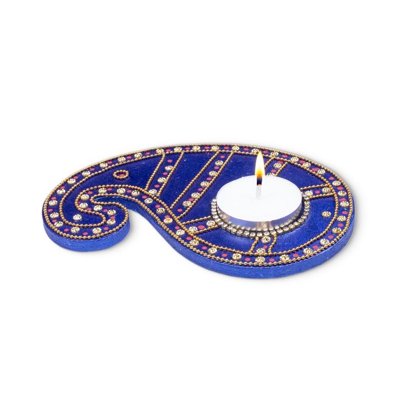 Tealight Holder Paisley Charm Blue Approx 5.5 X 3.5inch 4mm Thick 2pc ( Candle Included 1pc)