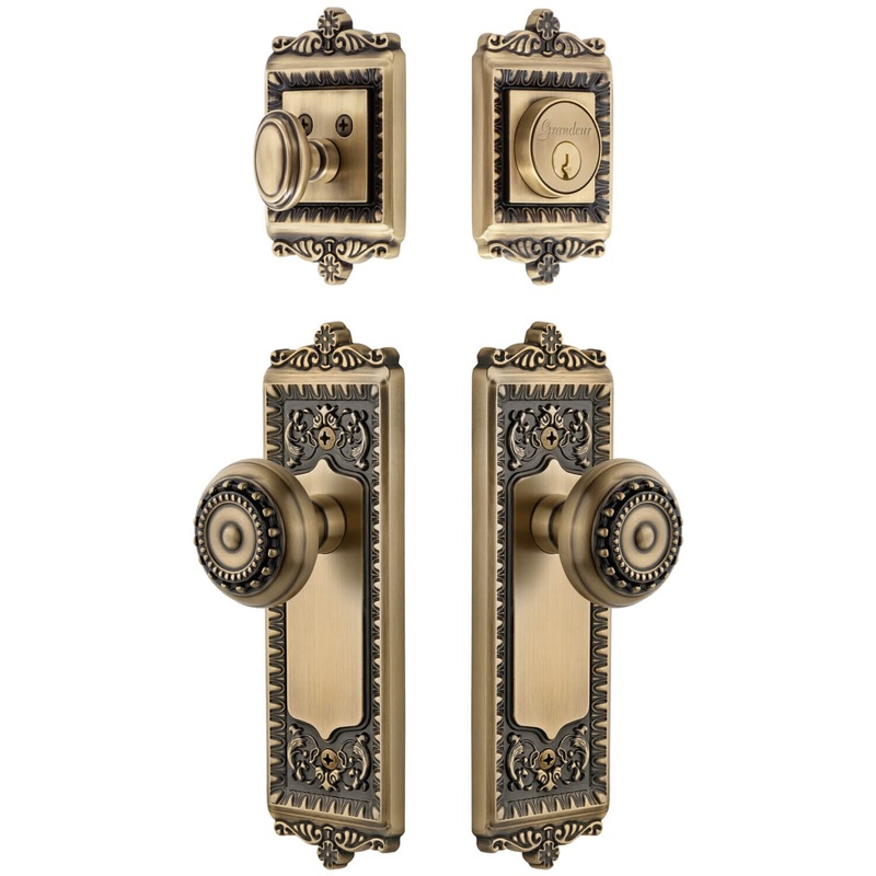Windsor Long Plate Entry Set with Parthenon Knob in Vintage Brass