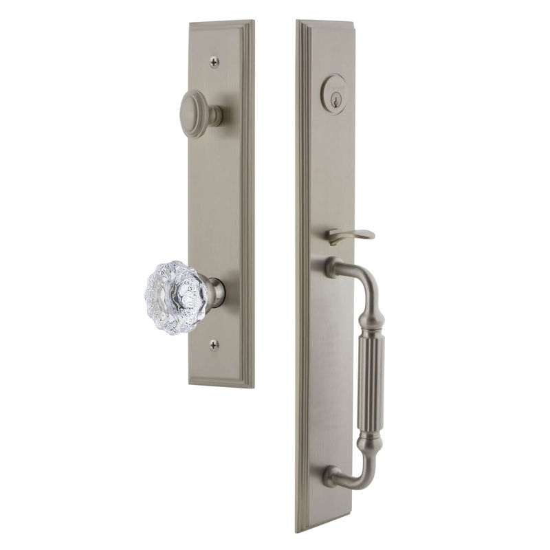 Carr One-Piece Handleset with F Grip and Fontainebleau Knob in Satin Nickel