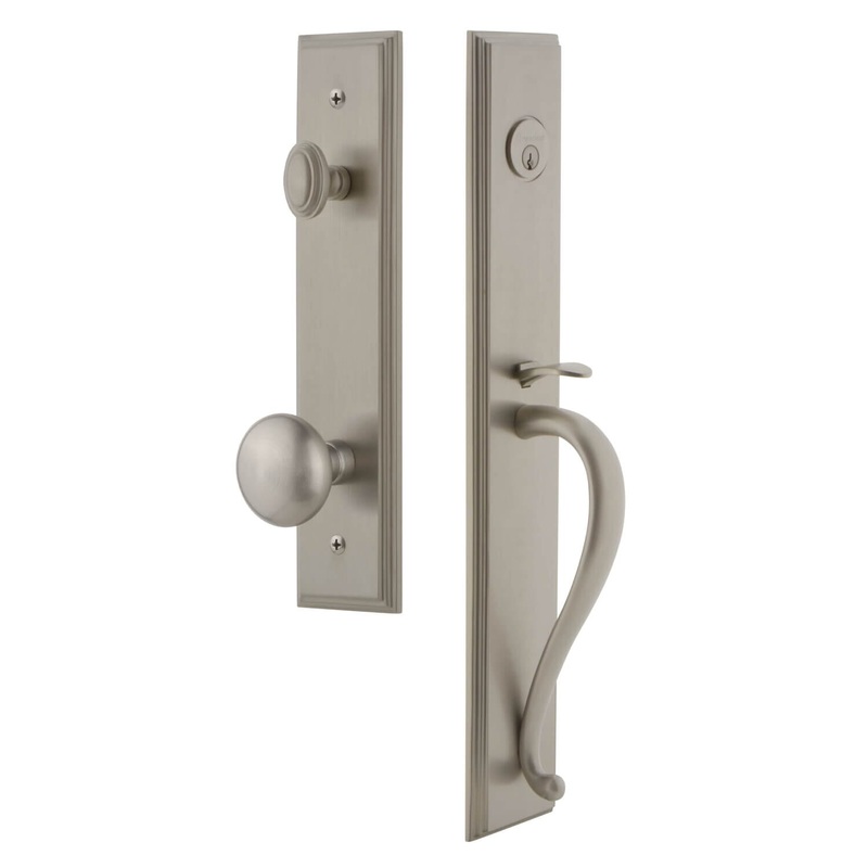 Carr One-Piece Handleset with S Grip and Fifth Avenue Knob in Satin Nickel