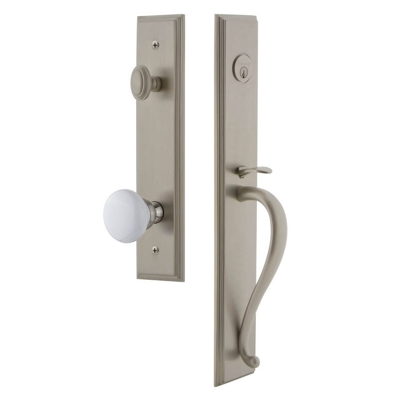 Carr One-Piece Handleset with S Grip and Hyde Park Knob in Satin Nickel