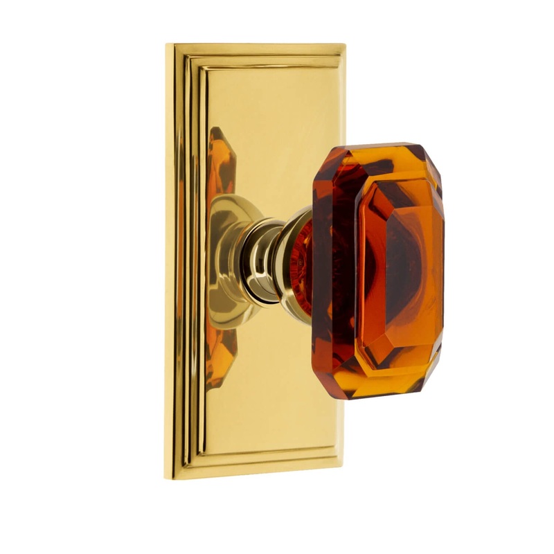 Carr Short Plate with Baguette Amber Crystal Knob in Polished Brass