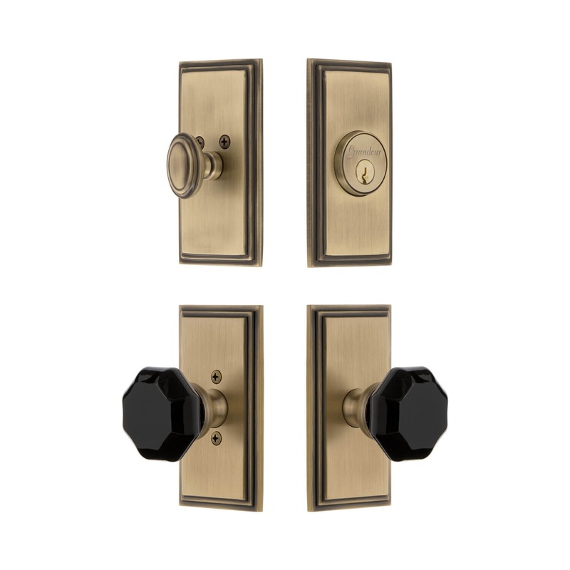 Carre Short Plate Entry Set with Lyon Knob in Vintage Brass