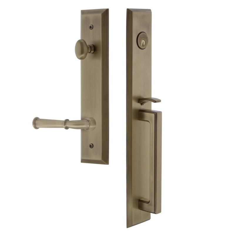 Fifth Avenue One-Piece Handleset with D Grip and Georgetown Lever in Vintage Brass