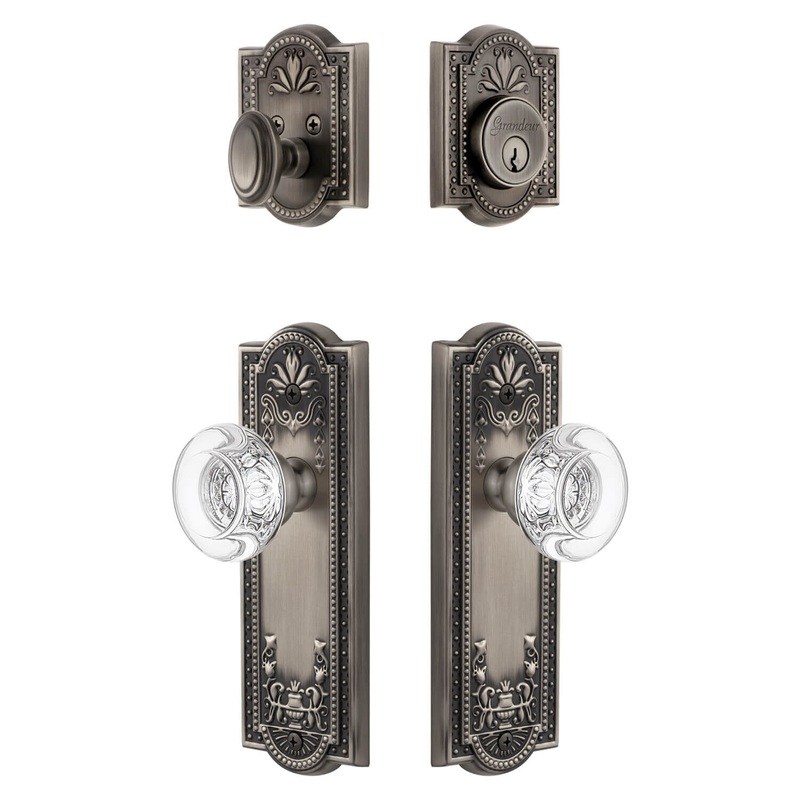 Parthenon Long Plate Entry Set with Bordeaux Crystal Knob in Antique Pewter
