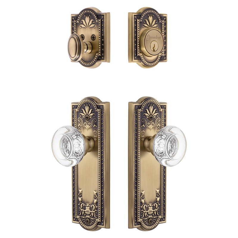 Parthenon Long Plate Entry Set with Bordeaux Crystal Knob in Vintage Brass