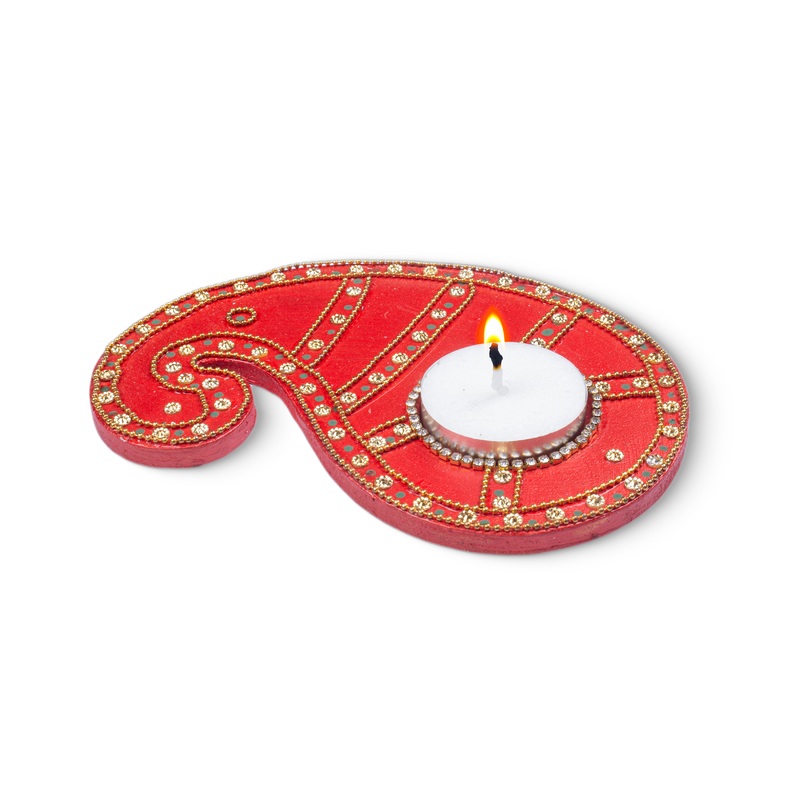 Tealight Holder Paisley Charm Red Approx 5.5 X 3.5inch 4mm Thick 2pc ( Candle Included 1pc)
