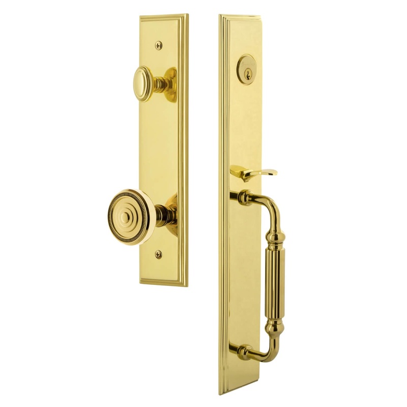 Carr One-Piece Handleset with F Grip and Soleil Knob in Lifetime Brass