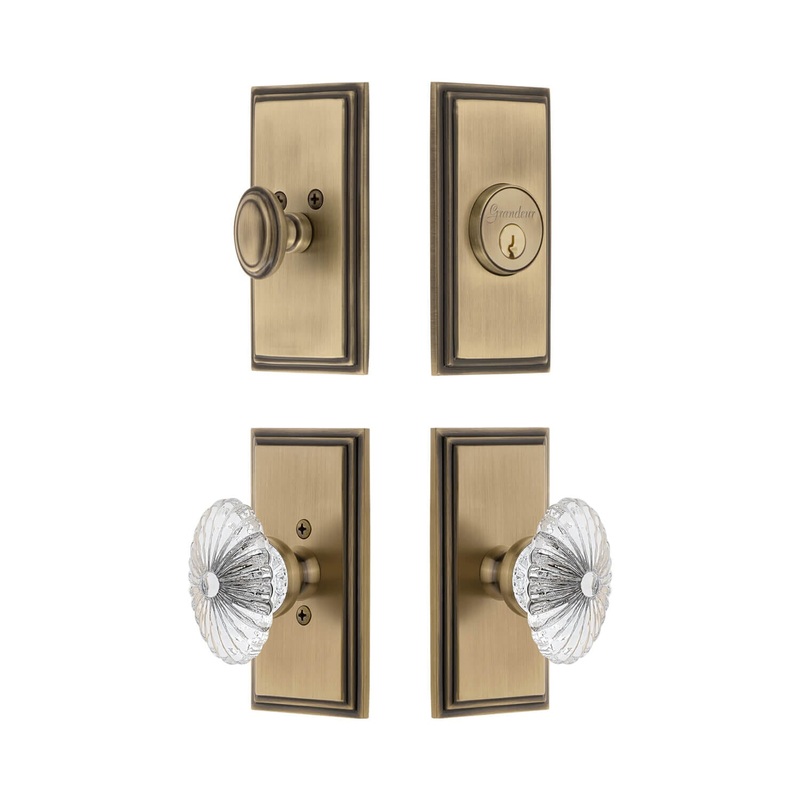 Carre Short Plate Entry Set with Burgundy Crystal Knob in Vintage Brass