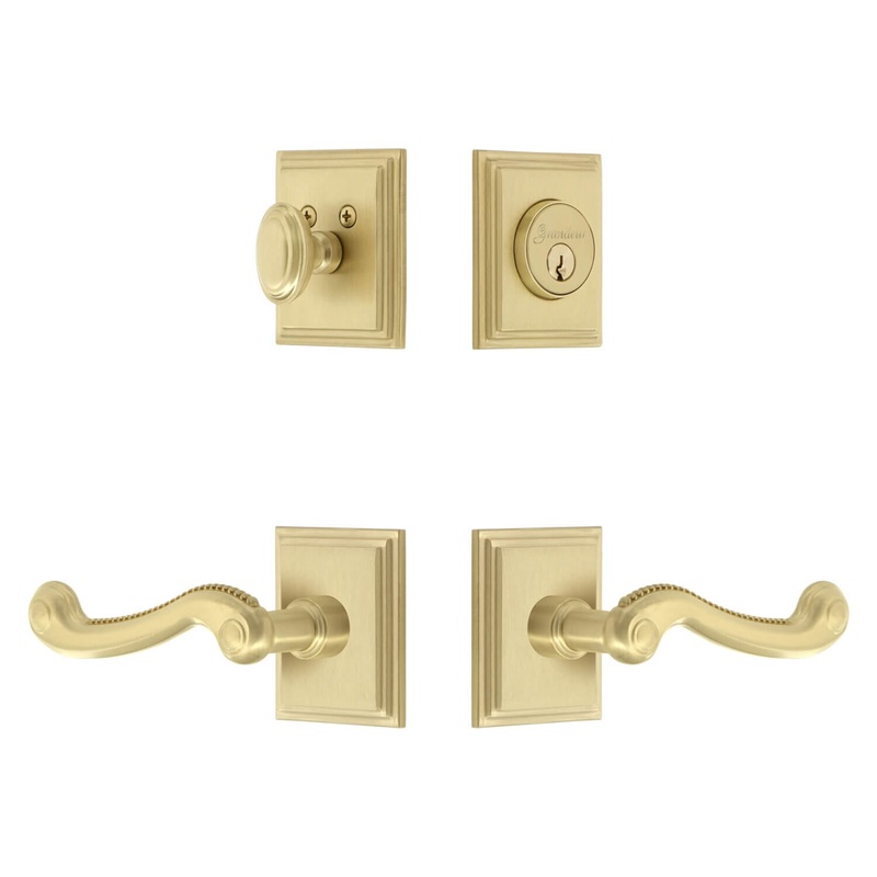 Carre Square Rosette Entry Set with Newport Lever in Satin Brass