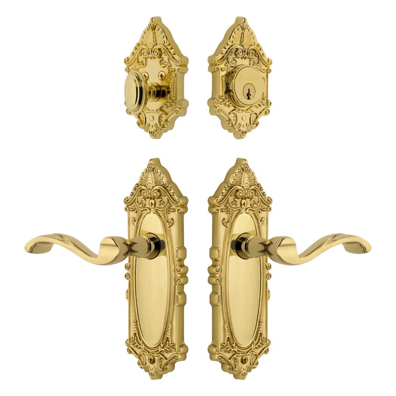 Grande Victorian Long Plate Entry Set with Portofino Lever in Lifetime Brass