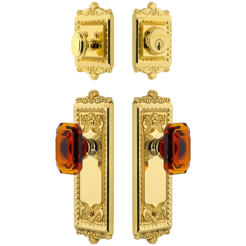 Windsor Long Plate Entry Set with Baguette Amber Crystal Knob in Lifetime Brass