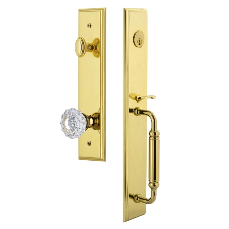 Carr One-Piece Handleset with C Grip and Versailles Knob in Lifetime Brass